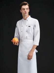 New Classic White Long Sleeve Chef Uniform , Premium Quality For Hotel, Western Restaurant, Bakery, Coffee Shop, Made Of Combed Fabric, Skin-Friendly, , Easy-Wash, Breathable, Simple And Elegant Design With Stand Collar - White - View 5