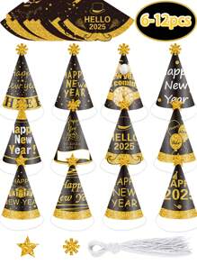 6-24 Pieces Of 2025 Graduation Decorations, Black Gold Party Hats, Black Gold Party Paper Hats, Adult New Year Party Hats, Birthday Party Decoration Sets