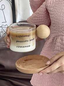 Vintage French Glass Cup With Cute Wooden Handle, Żaroodporne szkło, Kubek na mleko, Kubek do latte, Kubek na płatki śniadaniowe