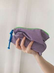 Una bolsa de maquillaje con bloqueo de color a cuadros y cremallera, bolsa de almacenamiento de maquillaje, bolsa de viaje portátil, bolsa de almacenamiento de artículos de tocador, bolsa de viaje para cosméticos y artículos de tocador, brochas de maquillaje, lápiz labial, cepillos, productos de cuidado de la piel, teléfono móvil, monedas, artículos pequeños, Navidad, regalos, vacaciones, uso multifuncional.