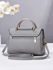 金属装饰方形手提包、翻盖拼色单肩包、女式带扣装饰单肩包、女式小号斜挎钱包和手提包、PU 皮革翻盖钱包 - 淺灰色 - 查看 7