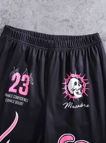 Tween Boy Casual Minimalist Cool Hip-Hop Math Letter Print Tween Boy Round Neck Short Sleeved Set With Micro Flared Pants, Suitable For Daily Outdoor Gatherings Wearing 2 Pieces Set - Black - View 4