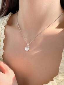 1pc S925 Minimalist Chic Niche Exquisite Geometric Circle White Agate Necklace, For Women Daily Wear, Gift