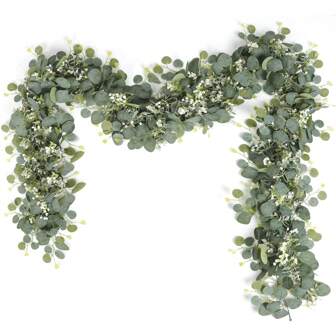 1/2 stuks, kunstmatige eucalyptuskrans met witte bloemen, 5,9 ft / 180 cm zilveren dollar eucalyptusbladeren, gipskruidkrans, kunstmatige groene klimplanten voor bruiloften, feest, schoorsteenmantel, tafelloper, woondecoratie, kantoordecoratie, zomerdecoratie, cadeaus, verjaardagen, afstuderen, nepplanten