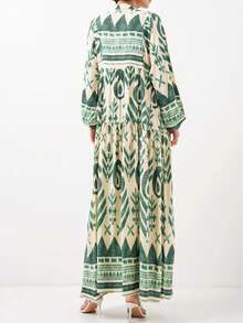 端庄的阿拉伯长裙，缺口领口，主教袖，带有漂亮的图案印花和纽扣细节 - 綠色 - 查看 3