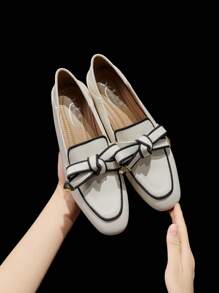 Mengshangli 秋冬季方头法式粗跟套脚舒适平底鞋，优雅女士办公鞋，高贵典雅乐福鞋