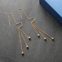 Gold Beaded Earrings With Long Tassel, Titanium Steel Non-Fading Jewelry Ear Accessories For Women - Three Beans - View 4