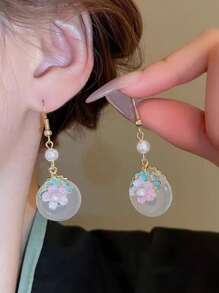 1 对中国风花朵珍珠耳环，适合汉服、旗袍和女性日常穿着 - 粉色 - 查看 1