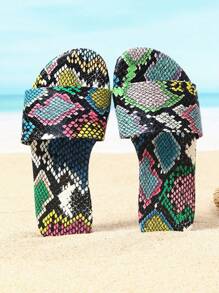 2025 New Snake Skin Pattern Girls Flat Sandals, Fashion & Versatile Open Toe Non-Slip Strap Flat Slippers - Multicolor - View 2