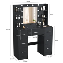 Favourite Gift Vanity Table Makeup With 10 Led Lighted Mirror Dressing Open Shelf And 7 Drawers - Black - View 4