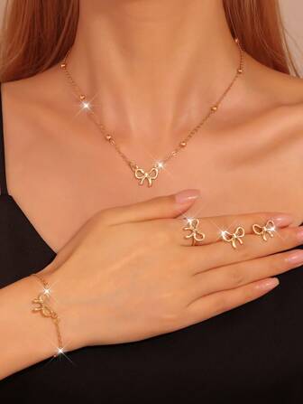 4/5 件甜美女孩蝴蝶结和蝴蝶装饰吊坠项链、手链、耳环首饰套装、日常配饰