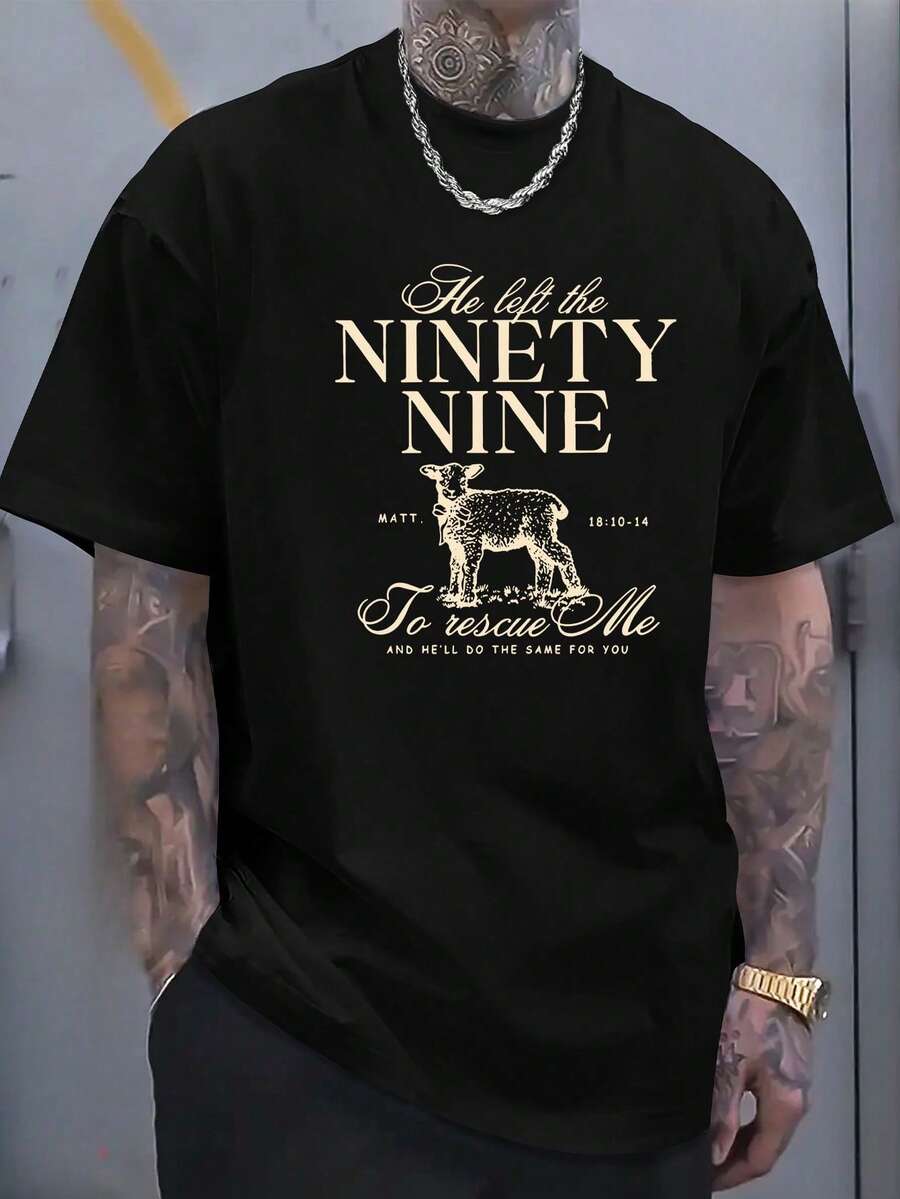 (220 Pure Cotton T-Shirt)    Men's Summer Round Neck Short Sleeved Casual Pure Cotton Print  NINETY - Negro - Ver 1