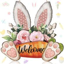 Coronas de Pascua para la puerta principal, colgador de puerta de conejito de Pascua, letrero de madera colgante para la puerta de 11.8 X 11.8 pulgadas, corona de bienvenida de conejo, letrero floral de Pascua para pared, porche, exterior, estilo rústico, decoraciones y regalos de Pascua para interiores
