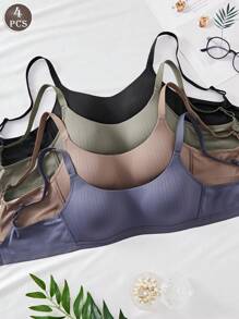 4pcs Women's Comfortable Sleeping Casual Striped Wireless Soft Cup Solid Color Bras - Multicolor - View 2