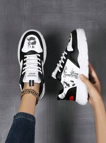 Women Cartoon Print Casual Sports Shoes - Lace-Up Low-Top, Breathable Fabric Lining, Anti-Slip Outsole, Suitable For Outdoor Activities All Seasons - White and Black - View 2