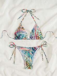 新款欧美性感女士泳衣套装，动物图案特殊面料比基尼配三角肩带 - 霧霾藍 - 查看 5