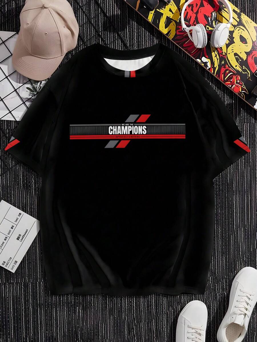 Camiseta de manga corta de verano para hombre con cuello redondo y estampado de letras, de manga corta y casual - Multicolor - Ver 1