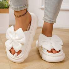 1 Pair Cute Solid Color Bow Cloth Lady House Slippers, Thick Anti-Slip Soft EVA Sole, Breathable Comfort Vamp, Suitable For All Seasons
