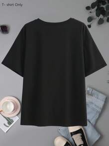 女士宽松圆领短袖T恤，简约百搭黑色套头衫，春夏