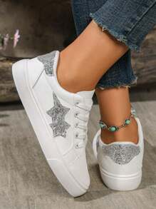 2025 Autumn/Winter New Casual Lace-Up Flat Low-Top Sneakers, Versatile Star Pattern White Shoes For Teenagers And Students