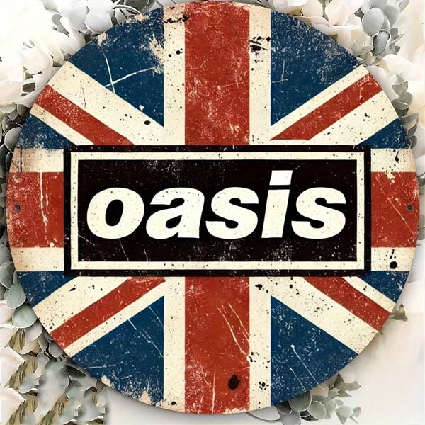 Placa inspirada no Oasis e no rock britânico - Placa de metal redonda de 20,32 x 20,32 cm para decoração externa, casa, café, bar, clube, garagem - à prova de intempéries, sem necessidade de energia - presente ideal para amantes da música, perfeito para decoração de ambientes