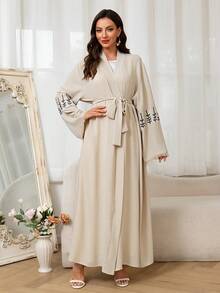 连衣裙女式春季时尚新款别致花卉刺绣长袖前开长袍伊斯兰服装腰带连衣裙长袍 Kafan