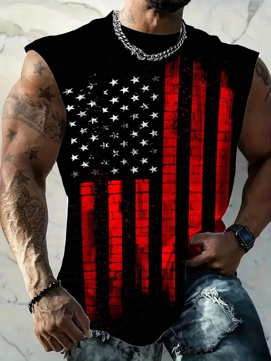 男士爱国印花无袖上衣，休闲圆领涤纶针织面料，略带弹性，夏季运动训练篮球上衣，常规版型 - 彩色 - 查看 1