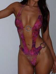 1pc Women's One-Piece Sexy Hollow Out Tie-Dye Printed Swimsuit With Circle Decor - Burgundy - View 2