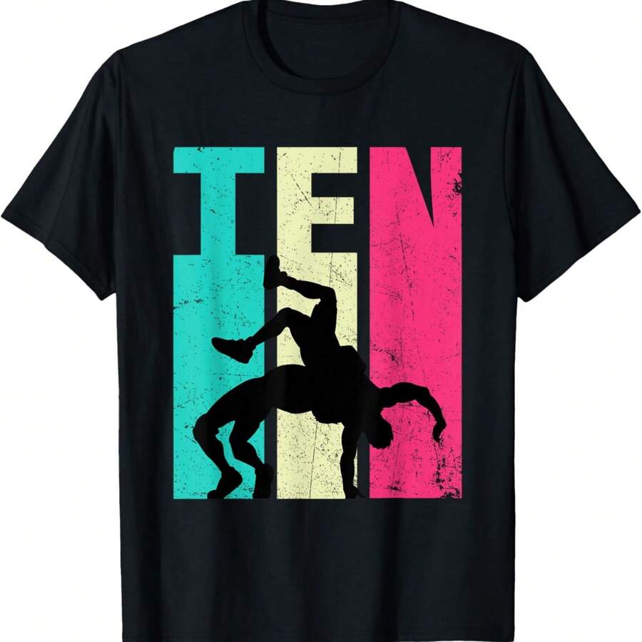 10th Birthday Retro Wrestling 10 Years Old Wrestler Bday T-Shirt - Black - View 1