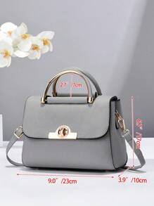 金属装饰方形手提包、翻盖拼色单肩包、女式带扣装饰单肩包、女式小号斜挎钱包和手提包、PU 皮革翻盖钱包 - 淺灰色 - 查看 3