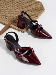 1 Pair Women's New Wine Red Open Toe Chunky High Heel Pointed Toe Sandals, Breathable Suitable With Dress, Plus Size - Burgundy - View 4