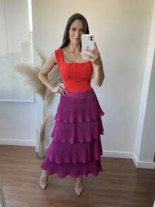 Pleated Skirt With 4 Ruffles, 4 Marias, 4 Layers - Rose Red - View 2