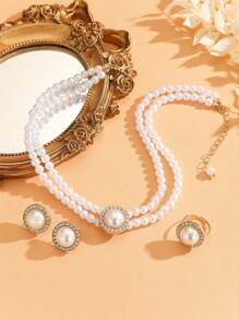 4pcs/Set Retro Elegant Faux Pearl Necklace, Earrings, Ring Set, Women Fashion Double Layer Choker, Jewelry