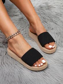 女士夏季新款凉鞋，户外度假沙滩鞋，仿亚麻绳底平底拖鞋 - 黑色 - 查看 1