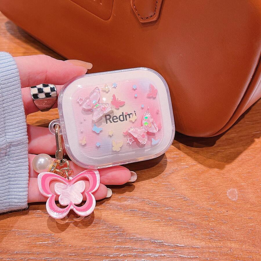 可爱粉色透明蝴蝶保护套，适用于 Redmi Buds 6 Active/5/6S/7S 蓝牙无线耳机、Redmi Buds 6/6Play/4Lite/6lite 充电盒、Redmi Buds 3pro/4Pro/5Pro/6PRO 耳机盒