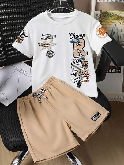 男童字母图案印花短袖 T 恤和短裤夏季套装