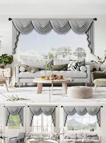 1pc Grey Fringed Curtain, Modern Business Style Imitation Linen Material Short Valance, Suitable For Living Room, Bedroom, Kitchen Window And Door Decoration
