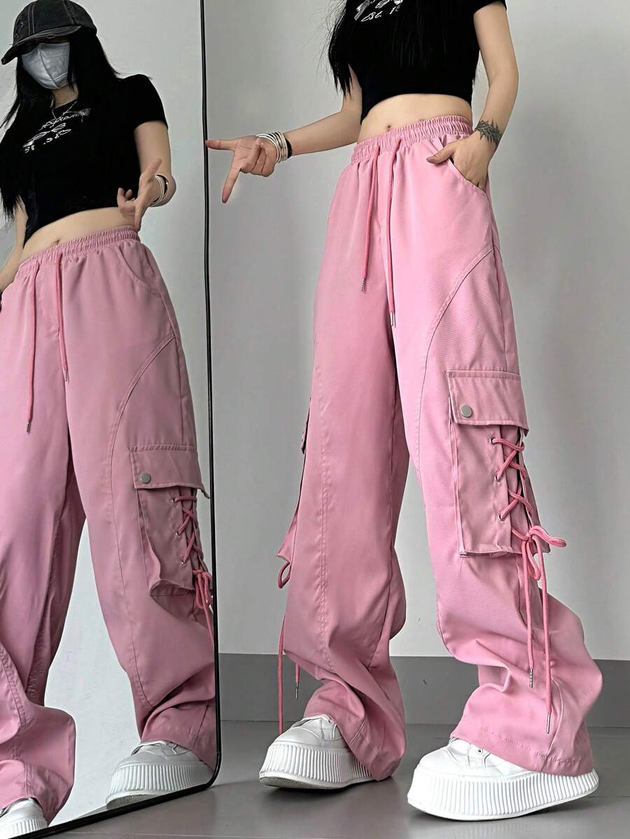 Women's Loose Fit Solid Color Cargo Pants With Tie Details