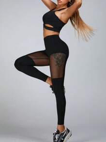 Women's Mesh Yoga Leggings, Hollow-Out Breathable Quick-Dry Skinny Pants For Running, Workout, Fitness, Spring/Summer, Black