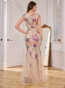 Vestido de fiesta con cuello en V sexy y elegante, cintura ajustada, bajo de cola de sirena con volantes de malla, con aplicaciones bordadas y con relleno en el busto. Vestido para invitada de boda, vestido formal, vestido de noche, vestido de gala