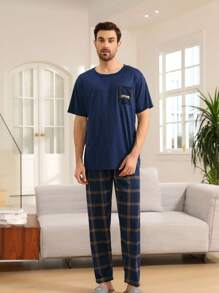 QIANNIANMA 2 Stück/Set Herren Kurzarm & Lange Hose Loungewear Set, locker sitzender Lässig Pyjama Anzug für Jugendliche & Erwachsene, geeignet für Frühling/Sommer