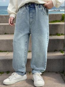 1pc Young Boy Casual Cartoon Print Elastic Waist Denim Pants, Suitable For Spring - Blue - View 6