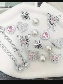 16pcs/Set Rhinestone Chain, Pink Crystal Heart, Butterfly, Pearl, 7-Pointed Star Resin Fashion Simple Ins Style DIY Shoe Decorations