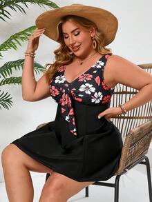Neues Große Größen bedrucktes V-Ausschnitt Tankini Badeanzug 2-teiliges Set, Strand Outfit mit Shorts Tankini - Schwarz - Übersicht 5