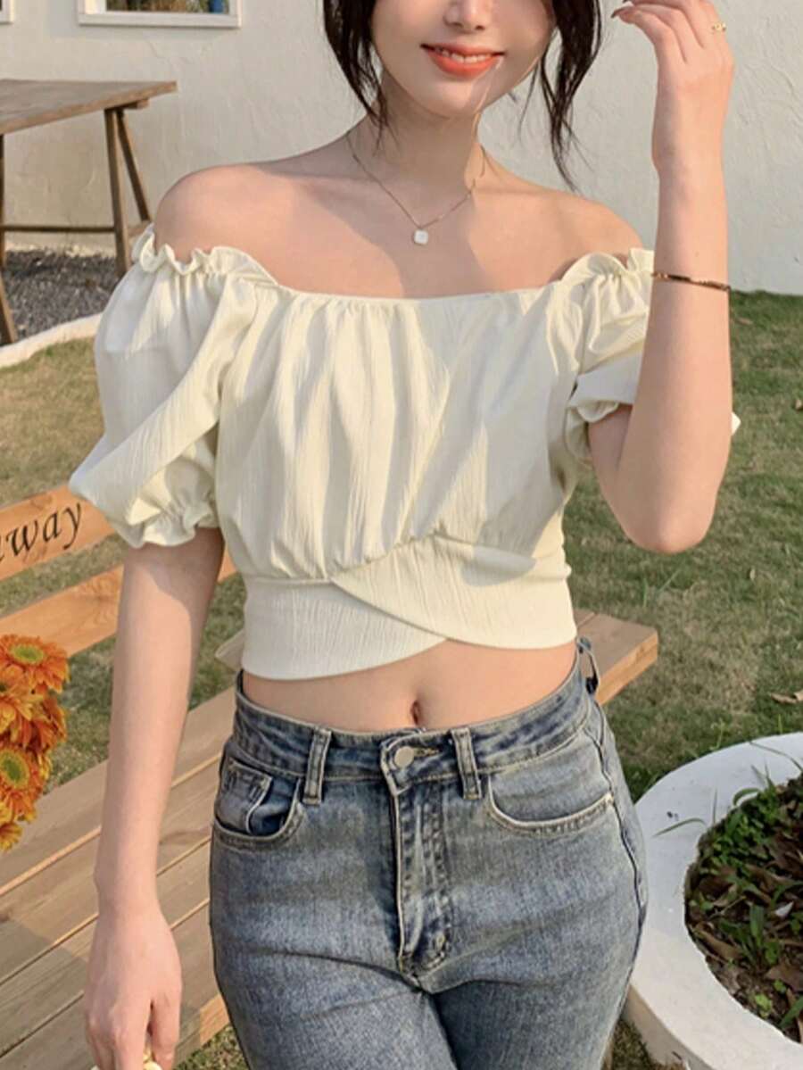 2025 夏季女式休闲不对称下摆系带腰短袖衬衫/衬衣