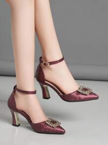 Women's High Heel Square Toe Pumps, Chunky Heel Peep Toe, Rhinestone Decor