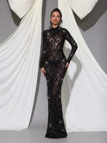 Modphy Vestido de Body entero de manga larga de malla transparente con lentejuelas y strass - Vestido de dama de honor de lujo para boda, fiesta, eventos, invitado de boda, vestido de noche