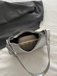 Solid Color Retro Minimalist Bow Decor Crescent Shoulder Bag, Suitable For Shopping, Wallet Carrying, Young Women, College Students, Career Starters, White-Collar Workers. Also Suitable For Office, University, Work, Business, Commuting, Outdoor Activities, Travel And Excursions. - Silver - View 8