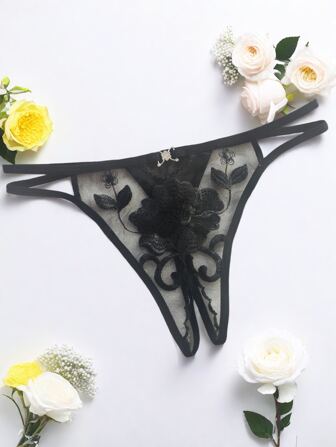 AB. Sexy Lingerie Internet Celebrity Diamond Jewelry Fashion Sexy Women's Underwear Embroidered Flowers Sexy Embroidery Thong Transparent Open Bottom Pants