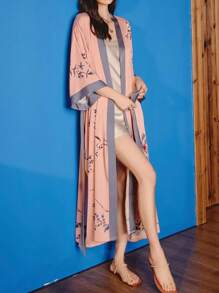 中国风复古新款中式三四袖中长款罩衫和服长袍系腰休闲夏季沙滩罩衫，防晒 - 粉色 - 查看 1